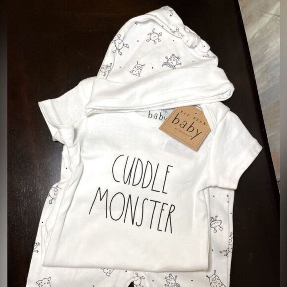 Rae Dunn Cuddle Monster 3 Piece Onesie Set - NWT